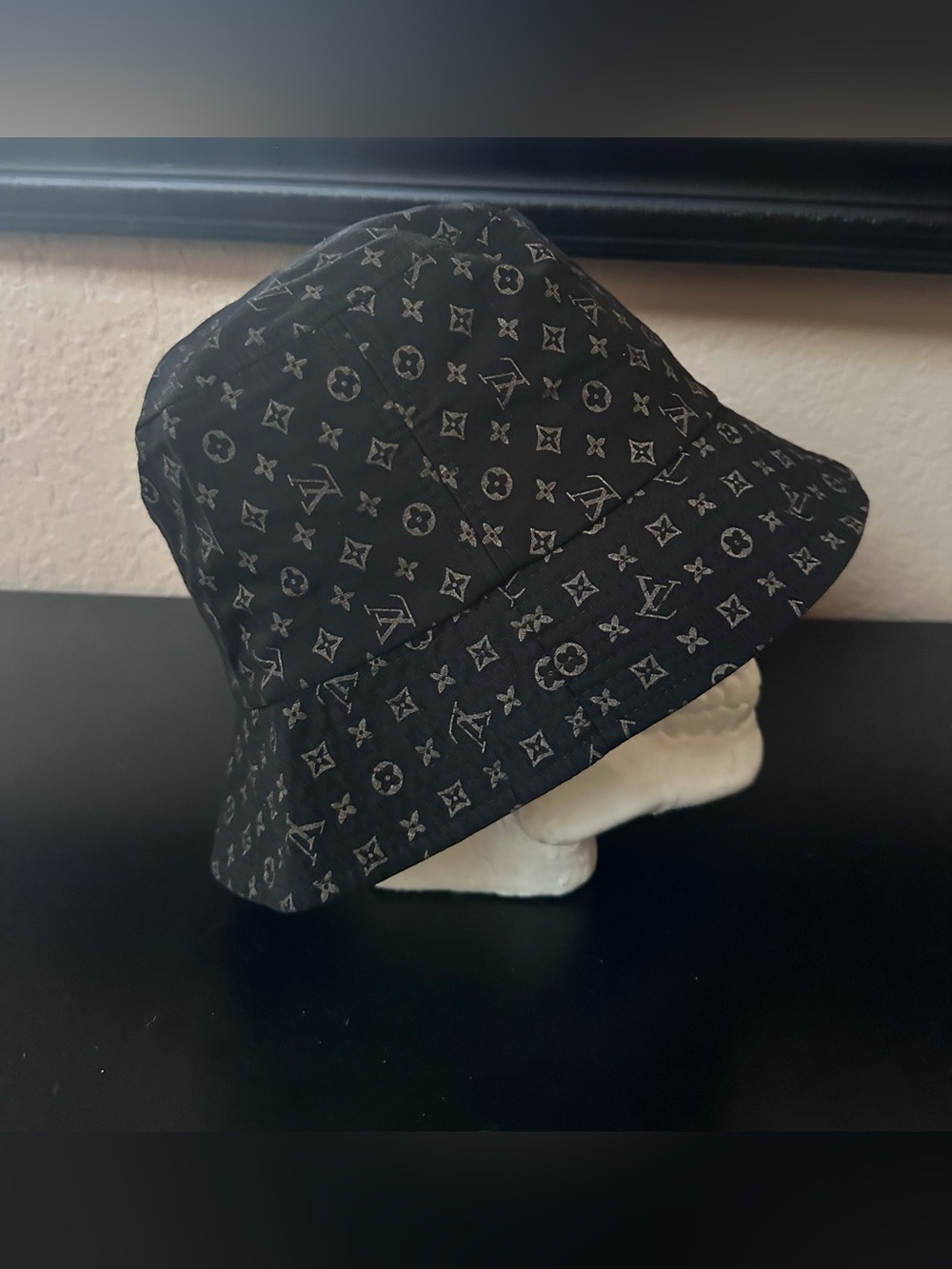 LV Black Monogram Bucket Hat with Subtle Gray Logos